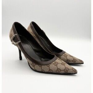 Gucci Canvas Monogram Pointed Toe Heels Brown Leather Accents Y2K Vintage EU 35